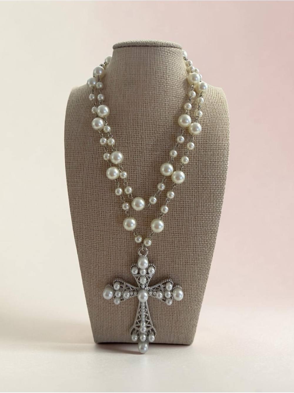 Pearl Accent Cross Pendant Necklace - White Pearls